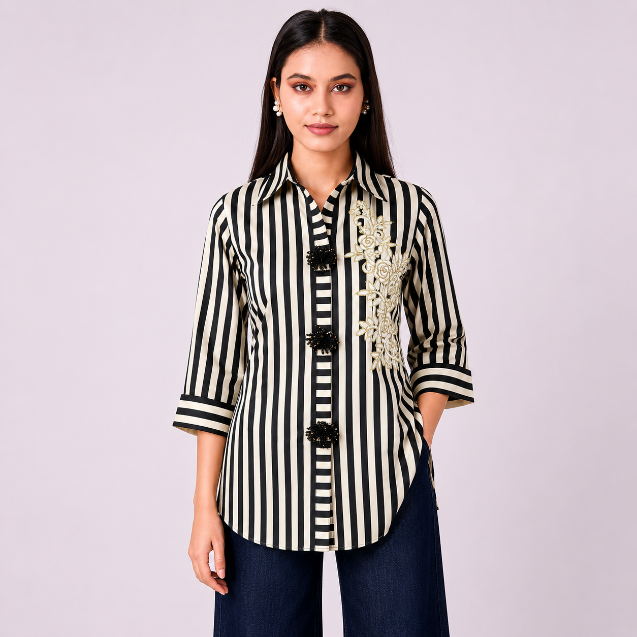 Women's Black & Beige StripedCord-Set